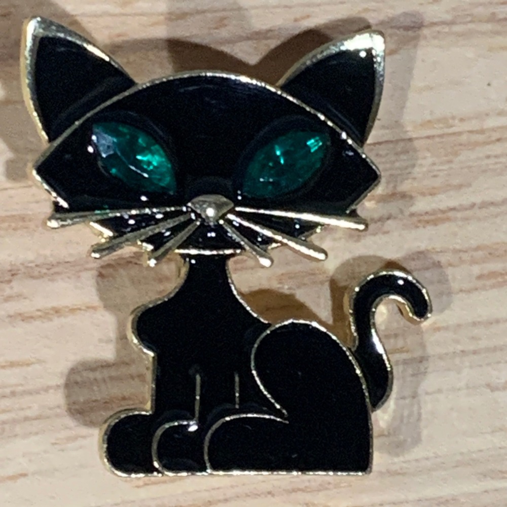 Unbranded Black Cat Brooch Unisex OS Green Rhinestone Eyes Enamel Gold Tone MCM